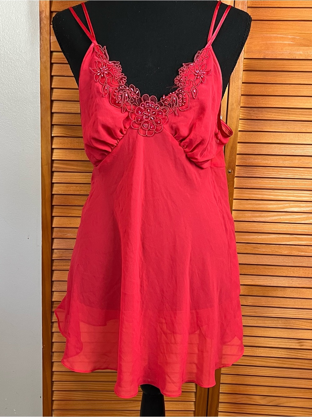 Dontelle Red Floral-Embroidered Chemise with Sheer Skirt